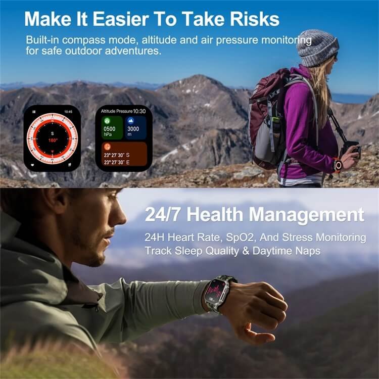 24/7 health management on the REXQU TrailGuard — heart rate, SpO₂, stress and sleep