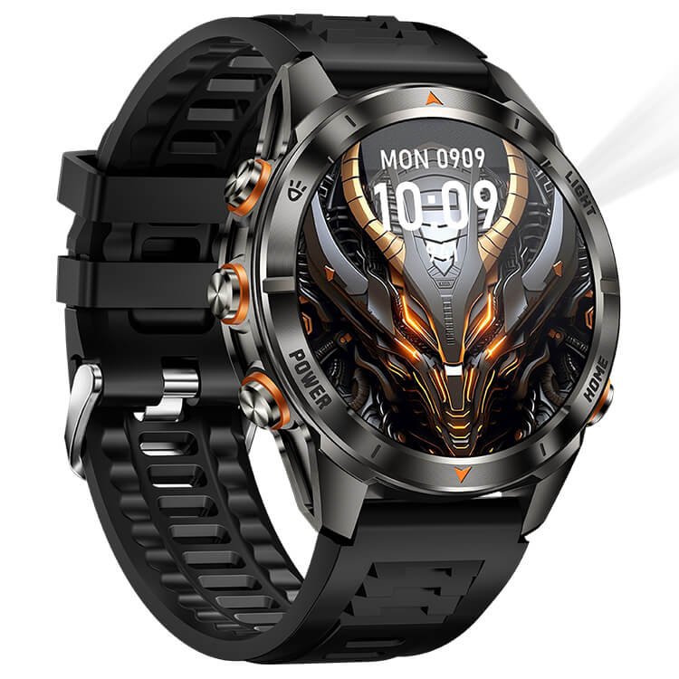 REXQU FlareTrail rugged smartwatch with LED flashlight and Bluetooth calling