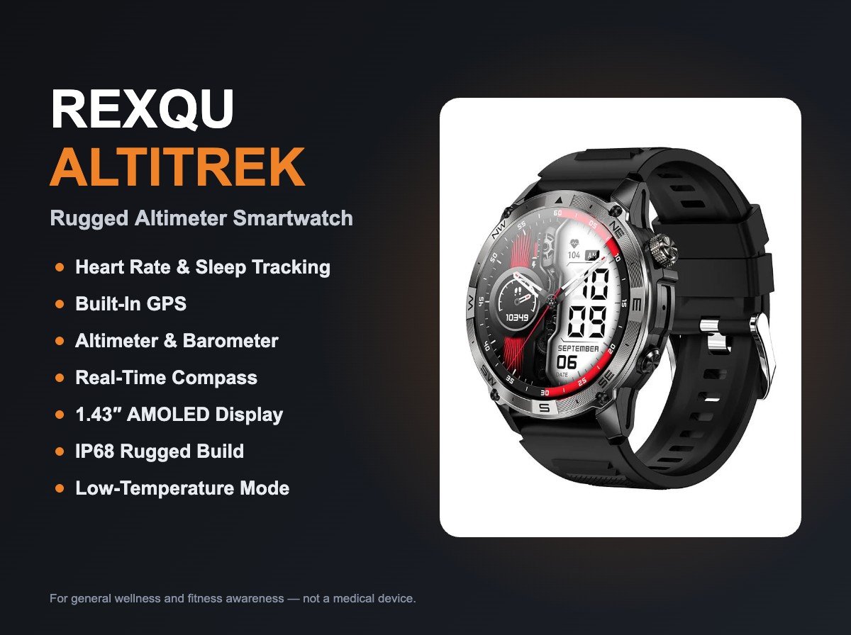 REXQU AltiTrek rugged GPS smartwatch with altimeter and compass