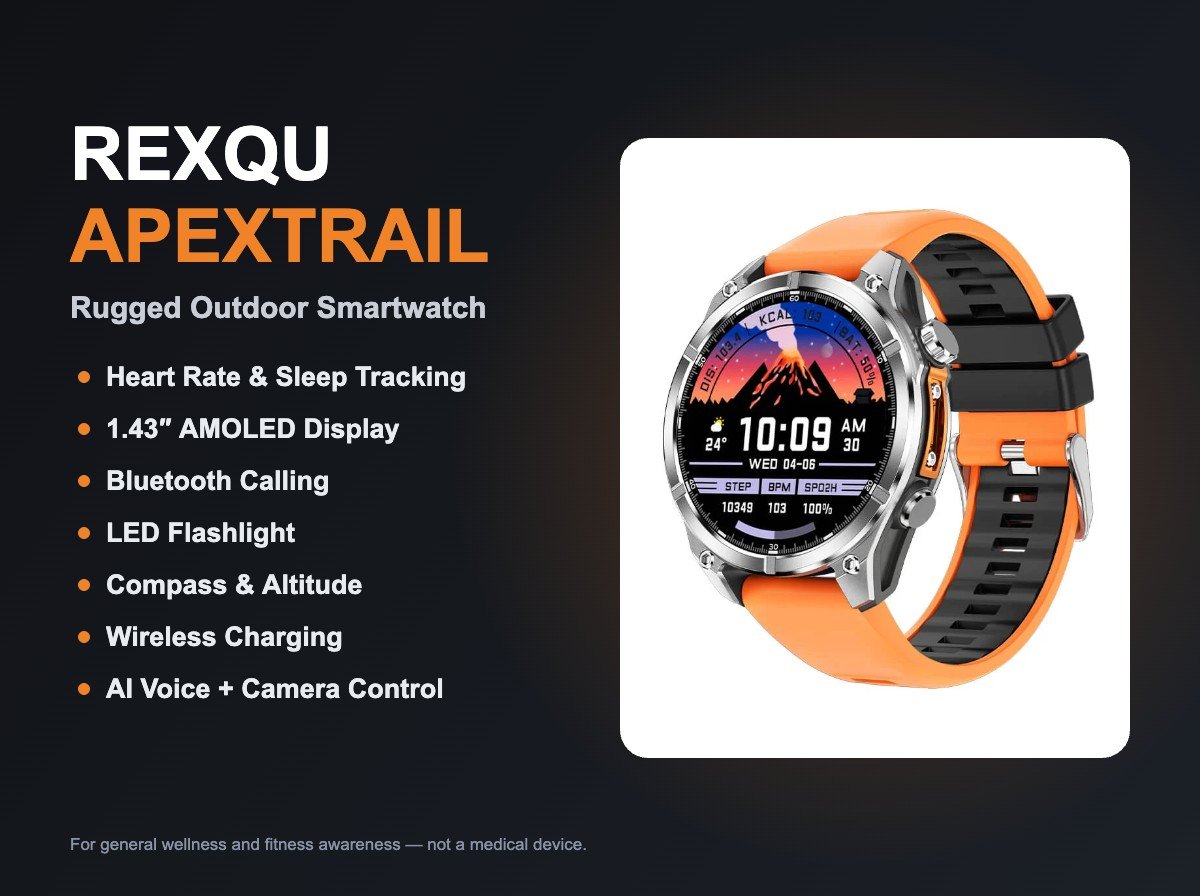 REXQU ApexTrail rugged AMOLED smartwatch with flashlight and compass