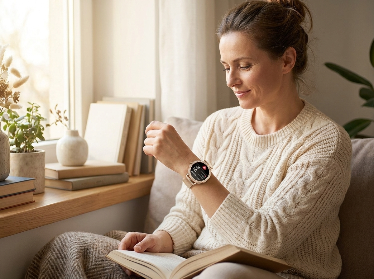 Woman checking blood pressure on REXQU AuraSense