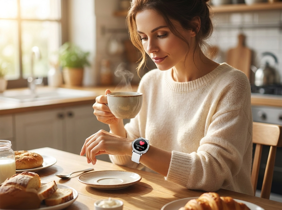 Woman checking heart rate on REXQU AuraSense