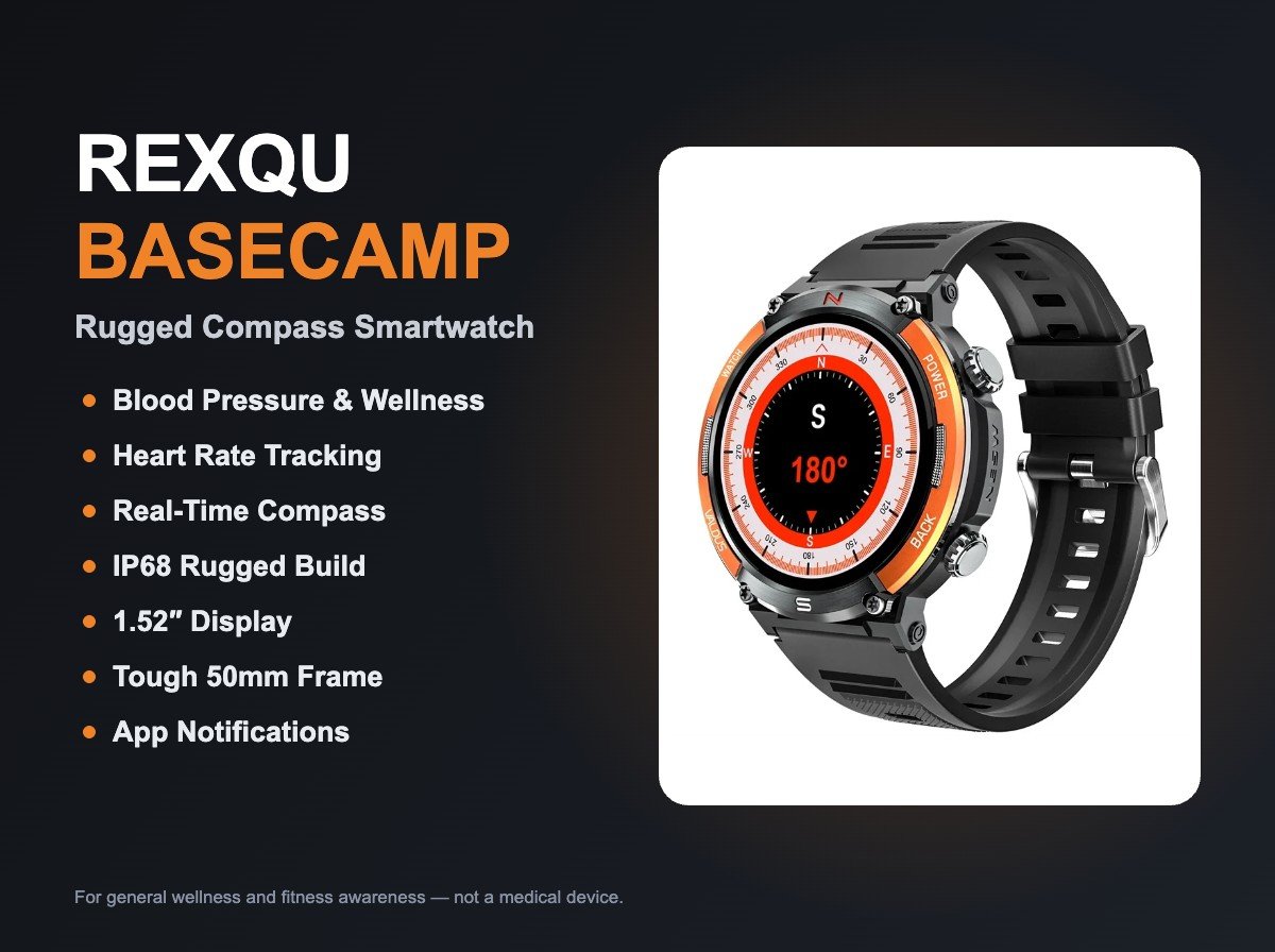 REXQU BaseCamp rugged IP68 outdoor smartwatch with compass