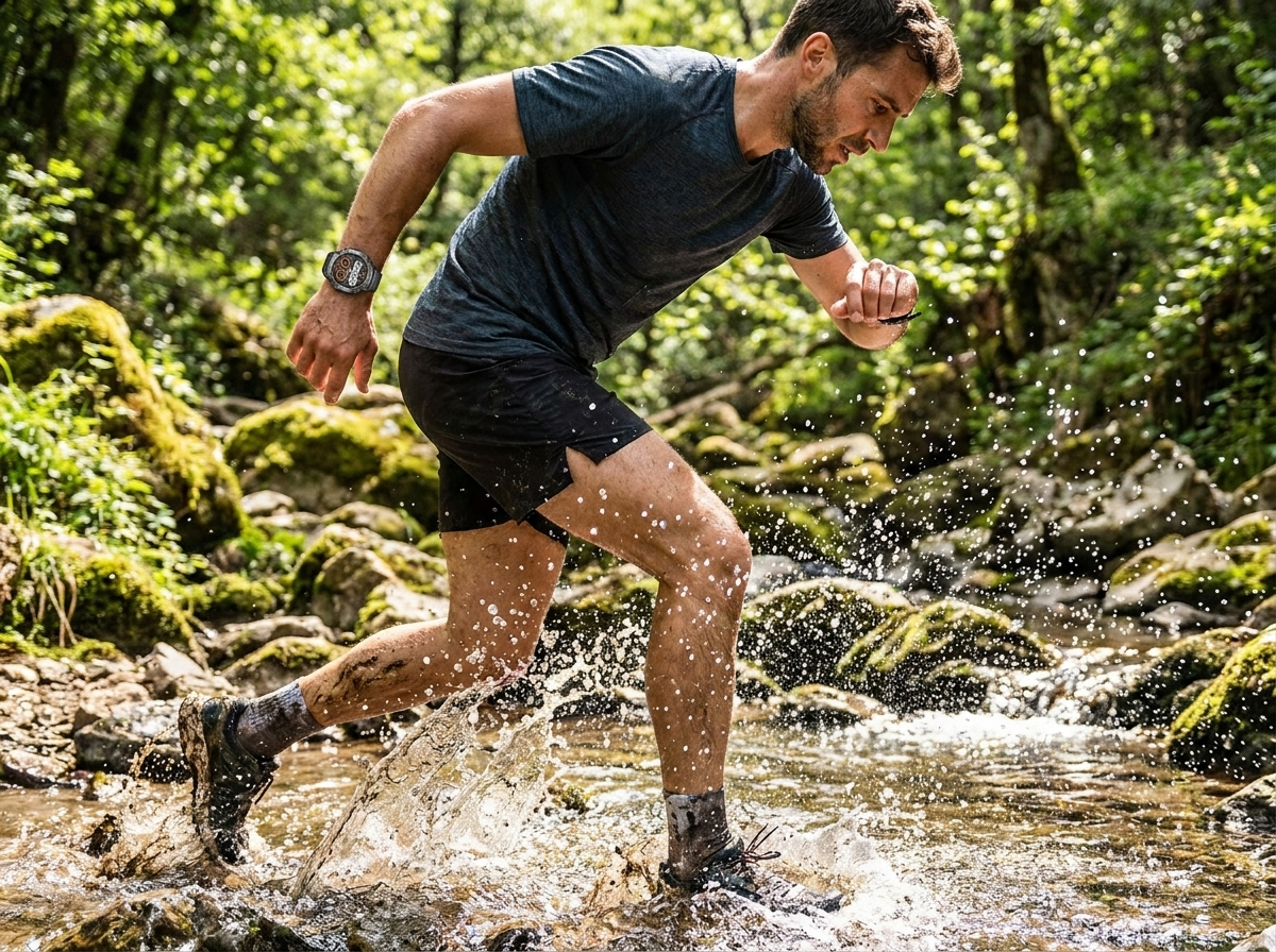 Trail runner crossing a stream with REXQU Beacon Pro