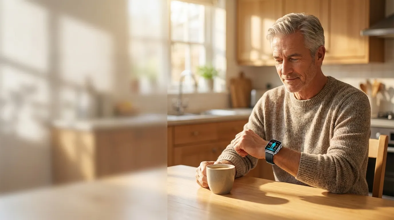 Man checking his blood pressure on a smartwatch at the kitchen table in morning light