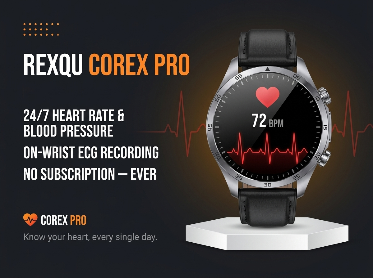 REXQU CoreX Pro health smartwatch — 24/7 heart rate, blood pressure and ECG