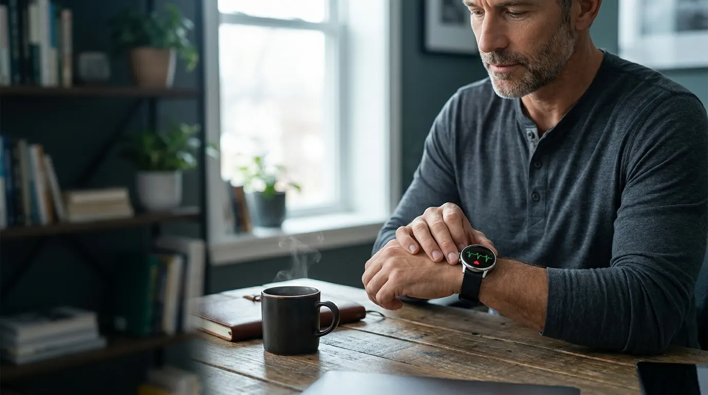 Man taking a 30-second ECG on his smartwatch at his desk, fingertips resting on the watch sensor
