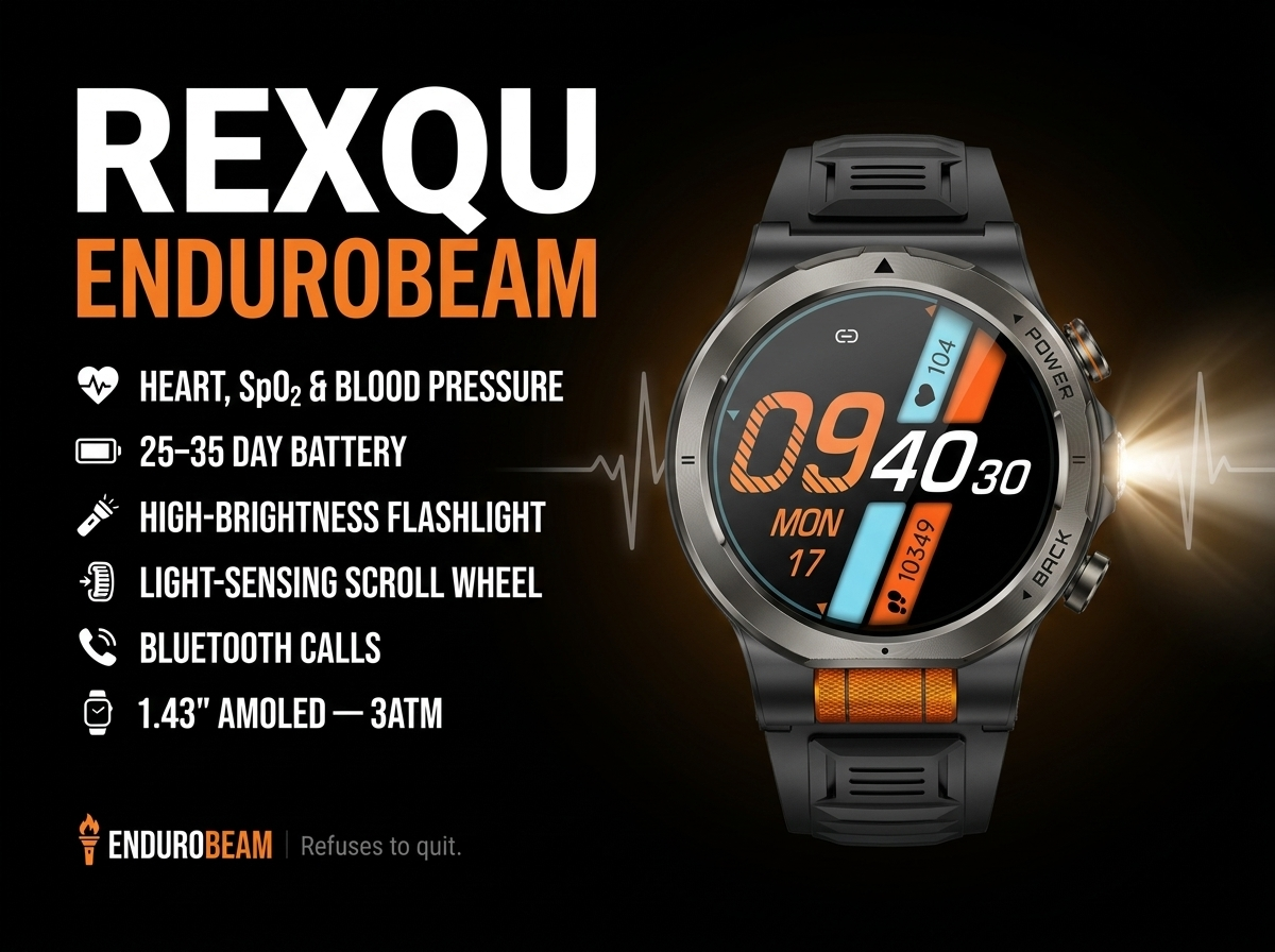 REXQU EnduroBeam outdoor smartwatch — 25–35 day battery, SOS flashlight, scroll wheel, 1.43 inch AMOLED