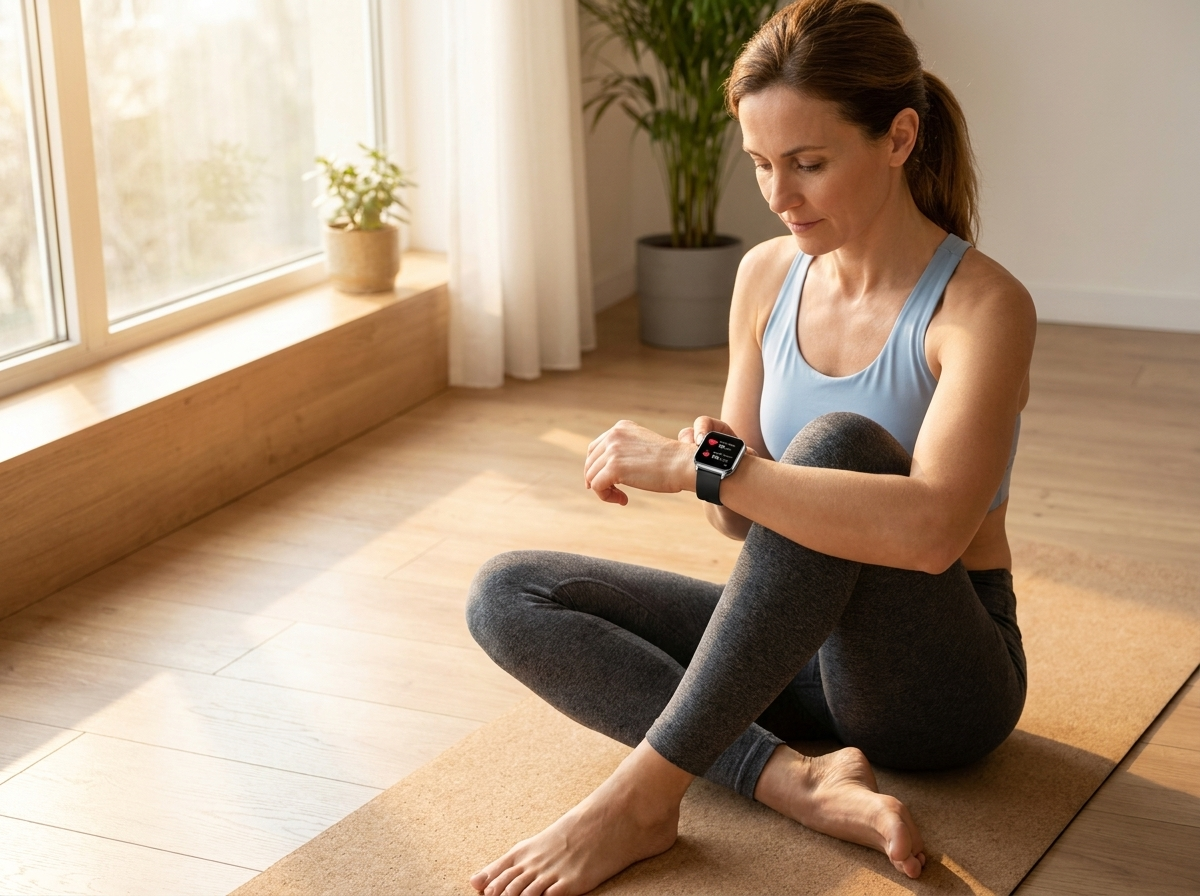 Woman checking heart rate and blood oxygen on the REXQU Equilibrium