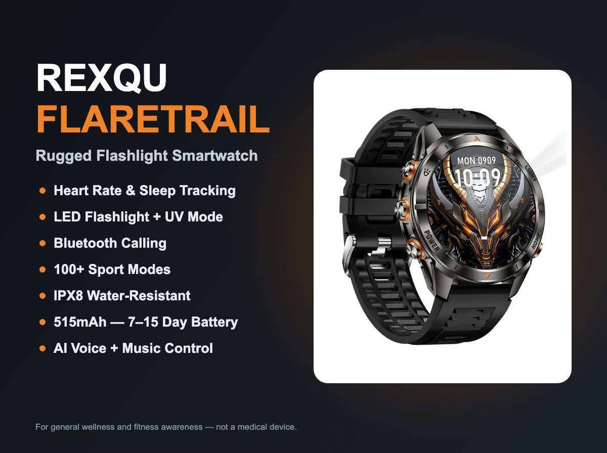 REXQU FlareTrail rugged smartwatch with built-in LED flashlight