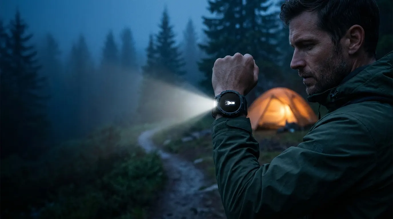 Hiker at twilight using the built-in flashlight beam of his rugged smartwatch to light the path