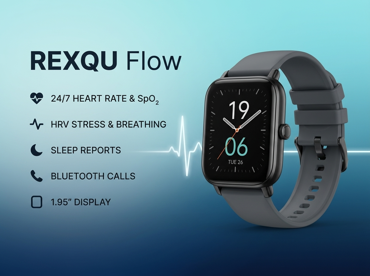 REXQU Flow 1.95 inch full-colour health watch with heart rate, SpO₂ and Bluetooth calls