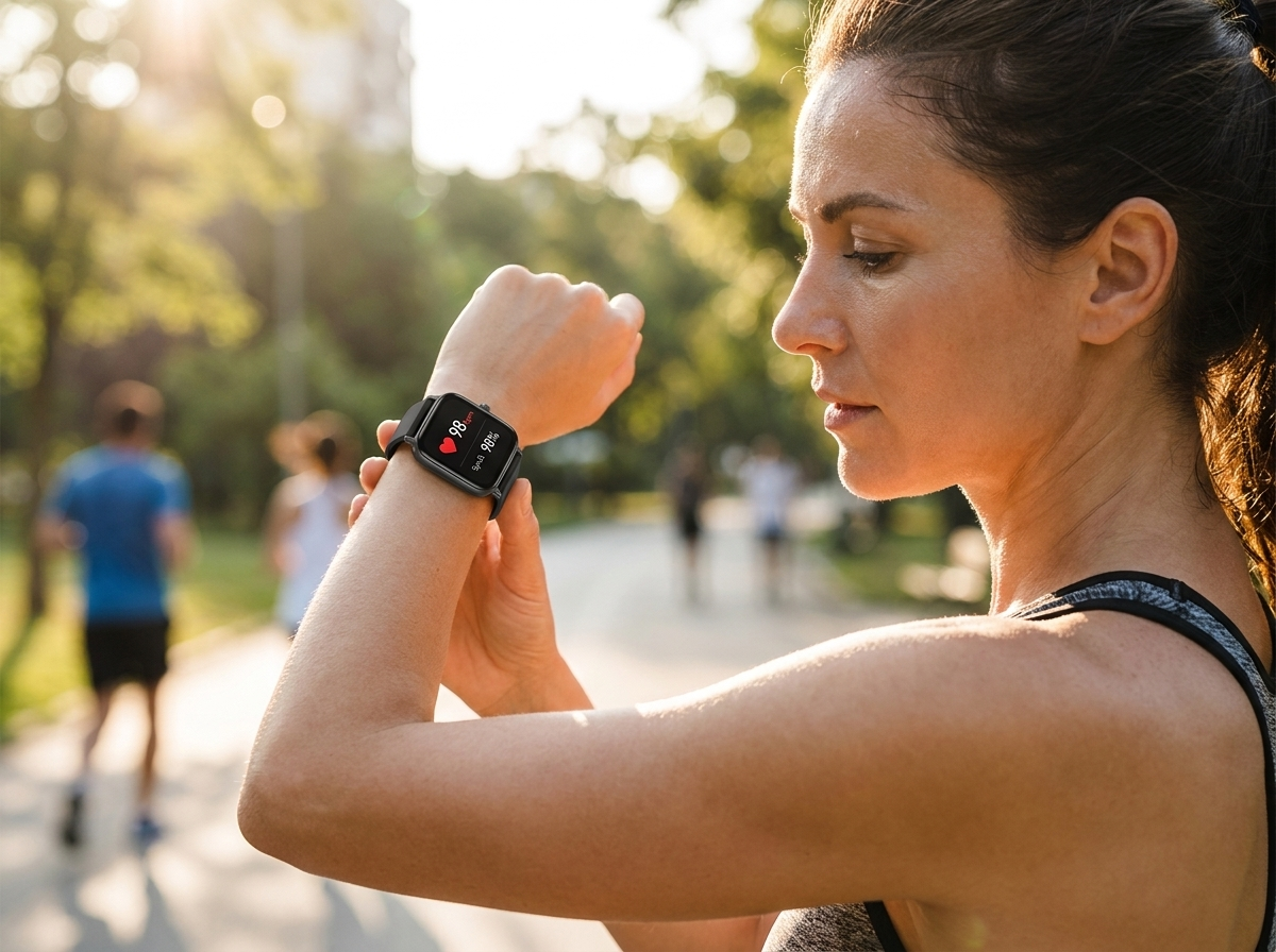 Woman checking heart rate and blood oxygen on the REXQU Flow after a jog