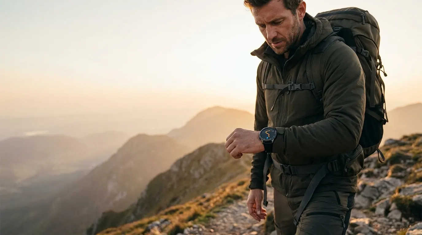 Hiker on a mountain ridge at golden hour checking the GPS route map on a rugged smartwatch