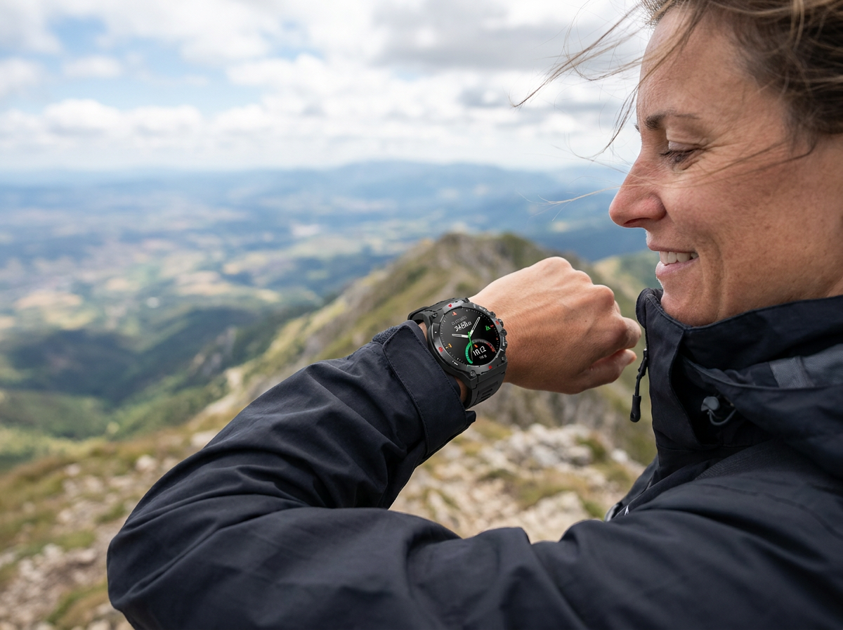 Woman reading altitude and air pressure on the REXQU Healout on a ridgeline