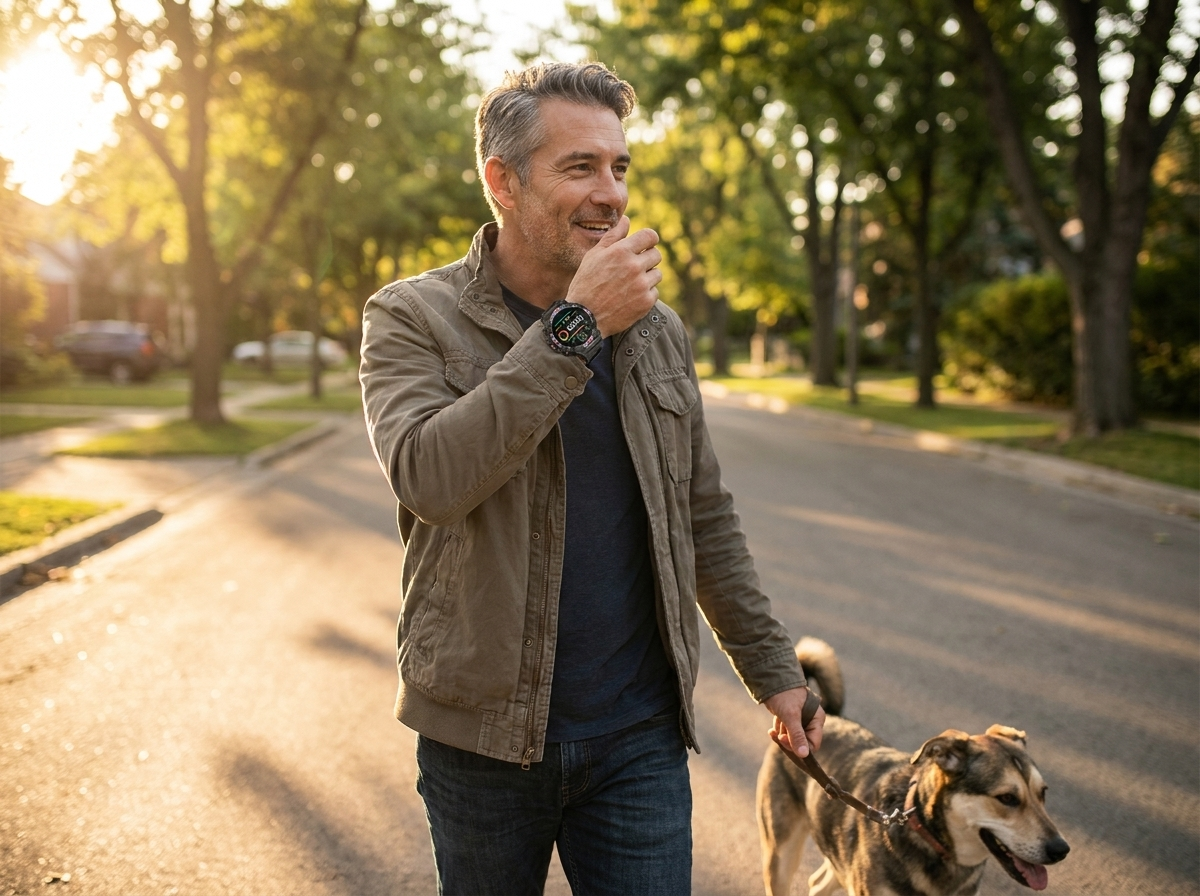 Man taking a Bluetooth call on the REXQU Healout while walking his dog