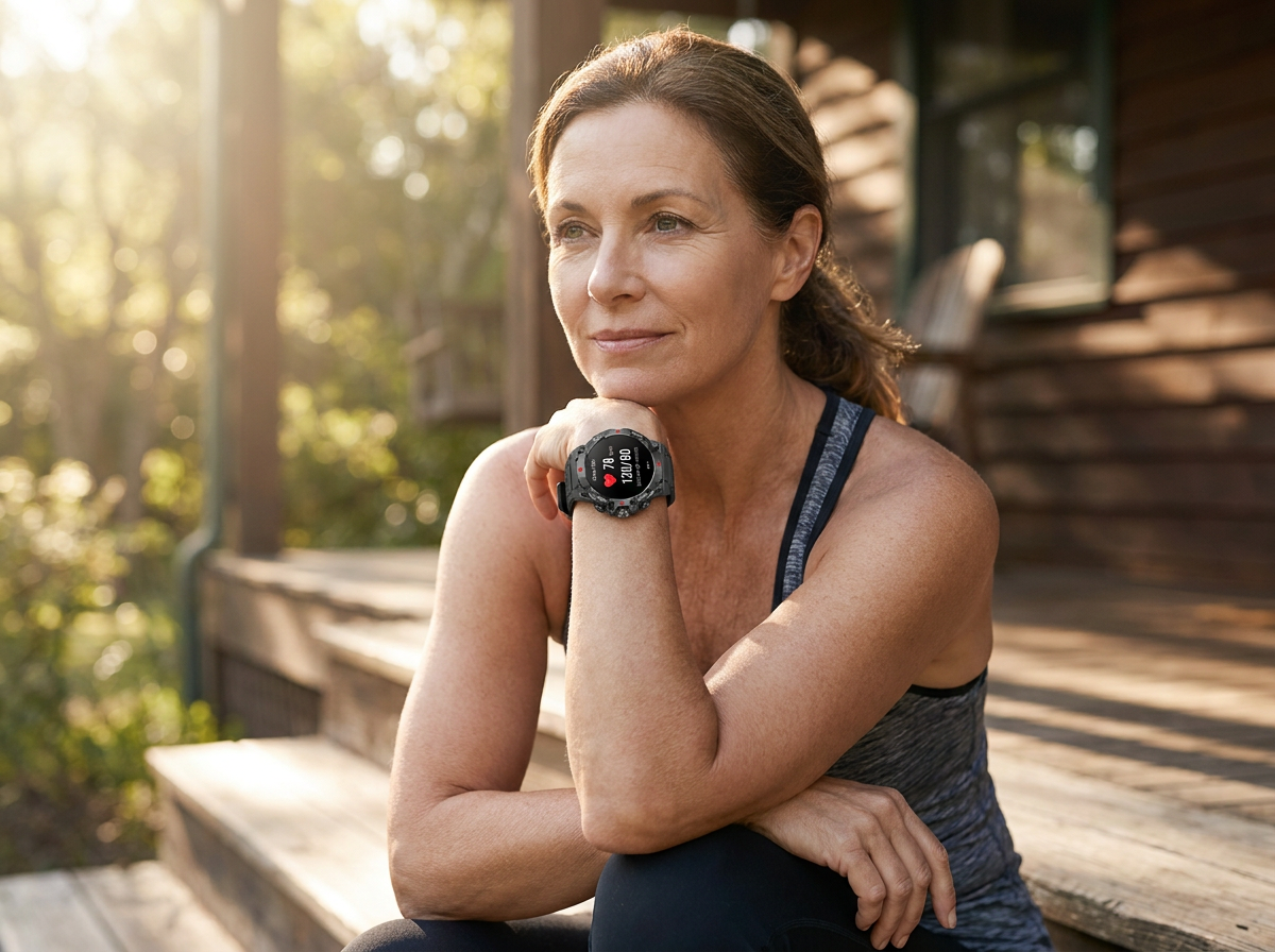 Woman checking heart rate and blood pressure on the REXQU Healout