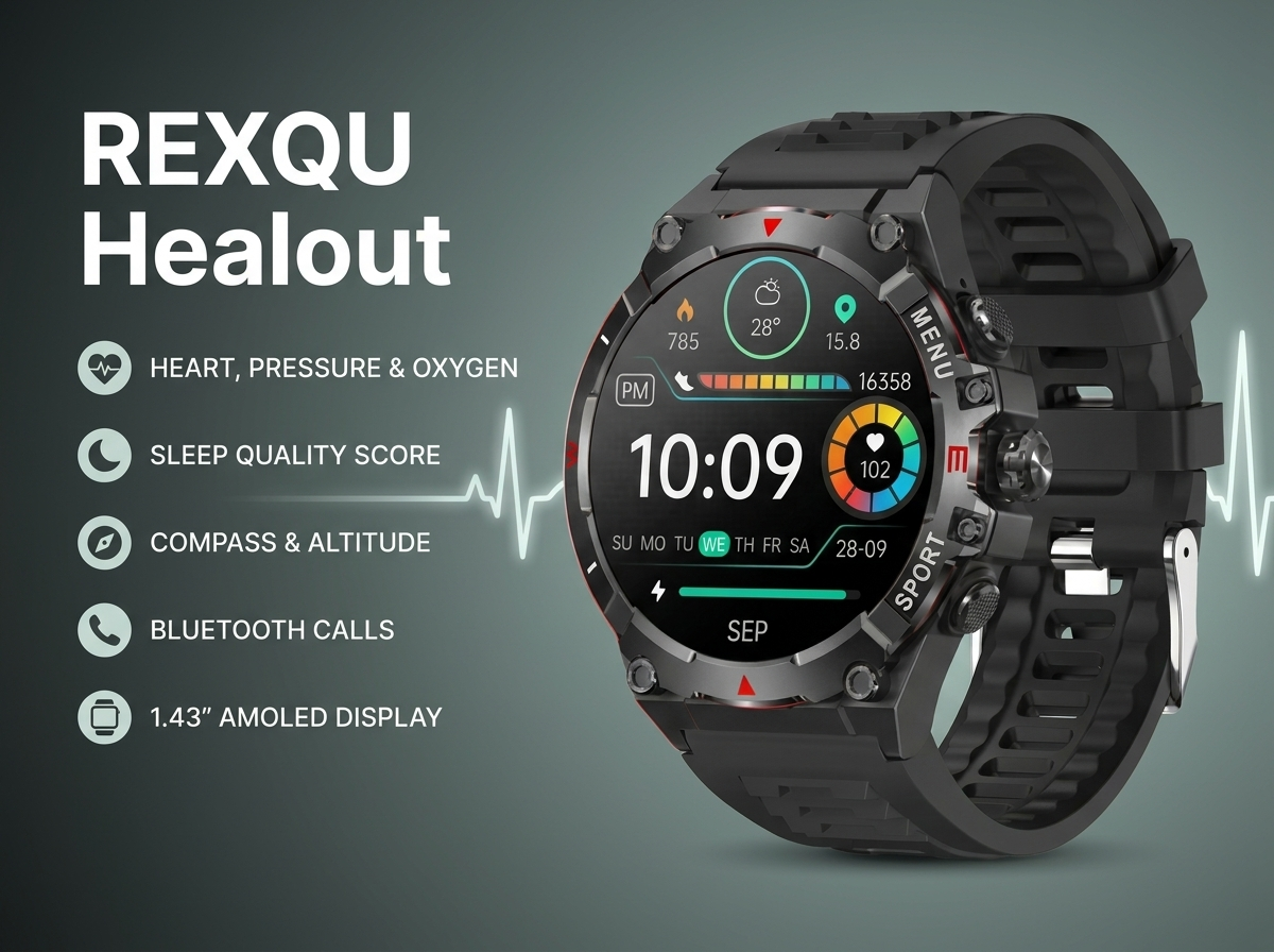 REXQU Healout rugged AMOLED health watch with compass, altitude and blood pressure