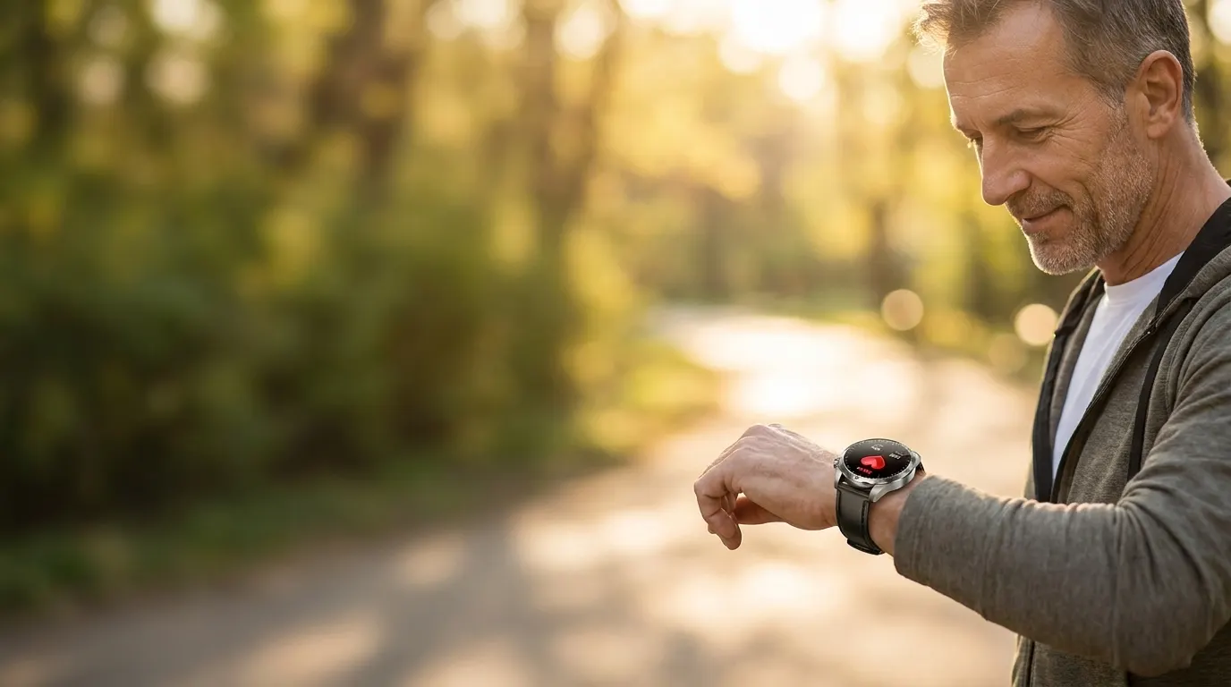 Health smartwatch tracking heart rate on a man's wrist during a morning walk