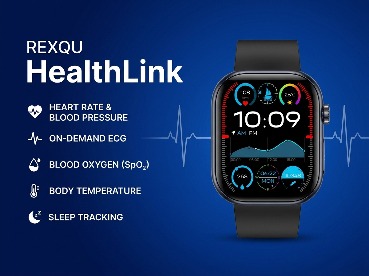 REXQU HealthLink health smartwatch — ECG, blood pressure, blood oxygen and temperature