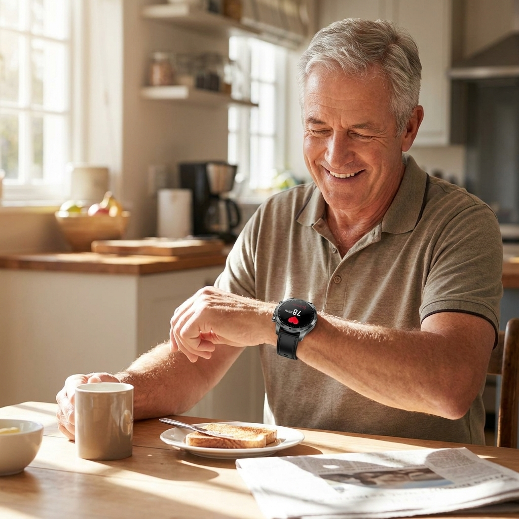 CoreX Pro customer checking his heart rate at breakfast