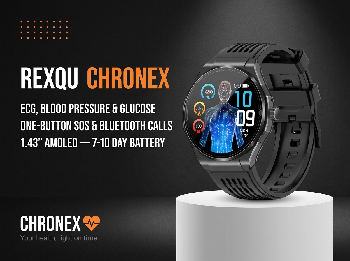 REXQU Chronex health smartwatch — ECG, blood pressure, glucose and SOS calls