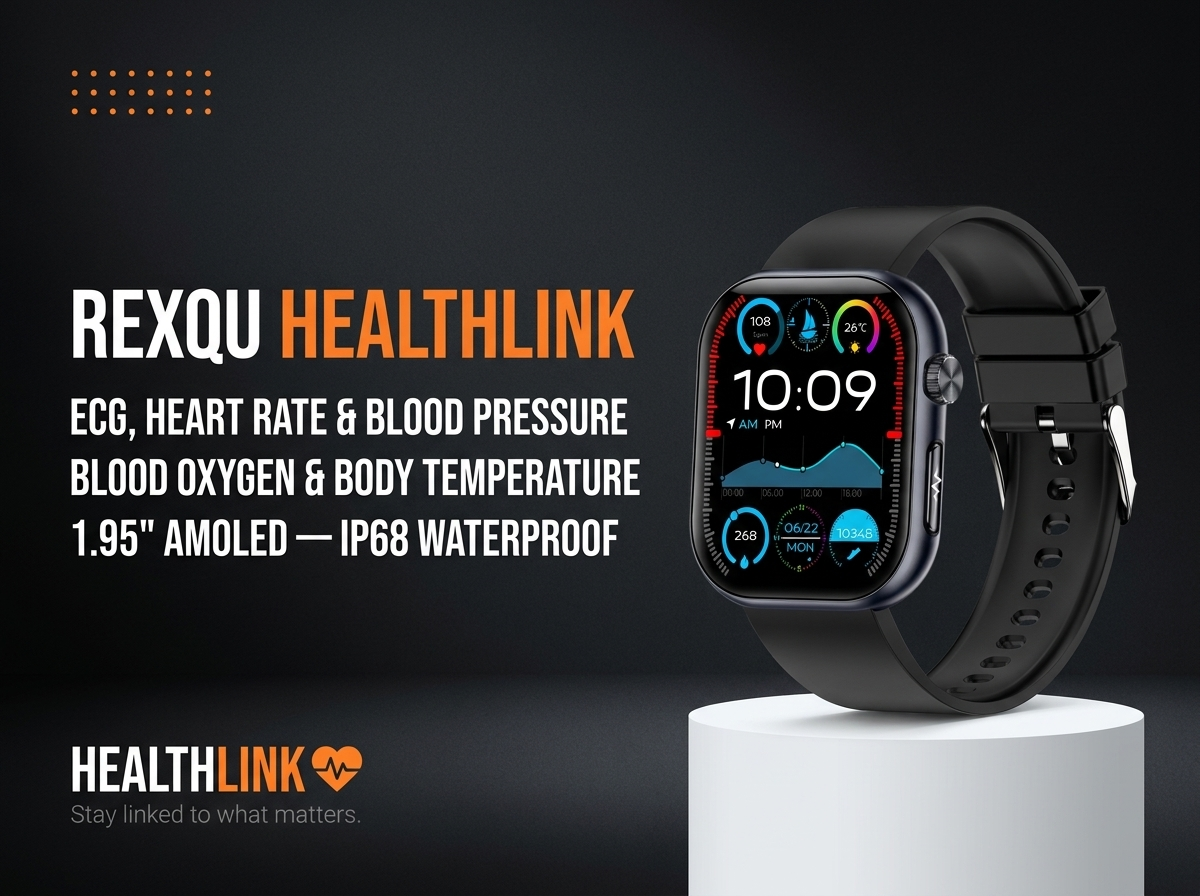 REXQU HealthLink health smartwatch — ECG, blood pressure, blood oxygen and temperature