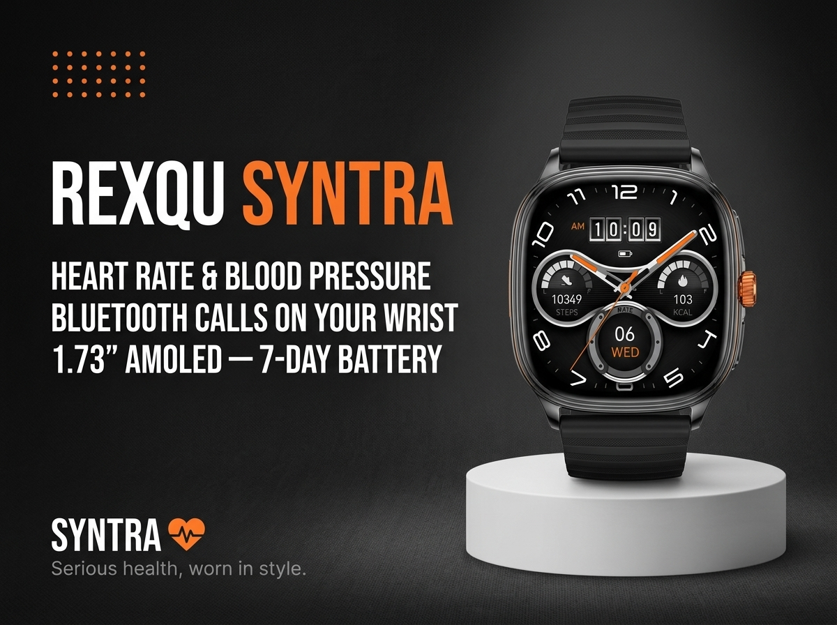 REXQU Syntra health smartwatch — heart rate, blood pressure, SpO₂ and Bluetooth calls