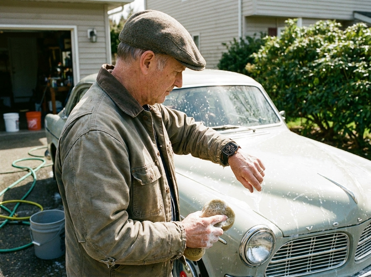 Syntra customer checking his watch while washing his car