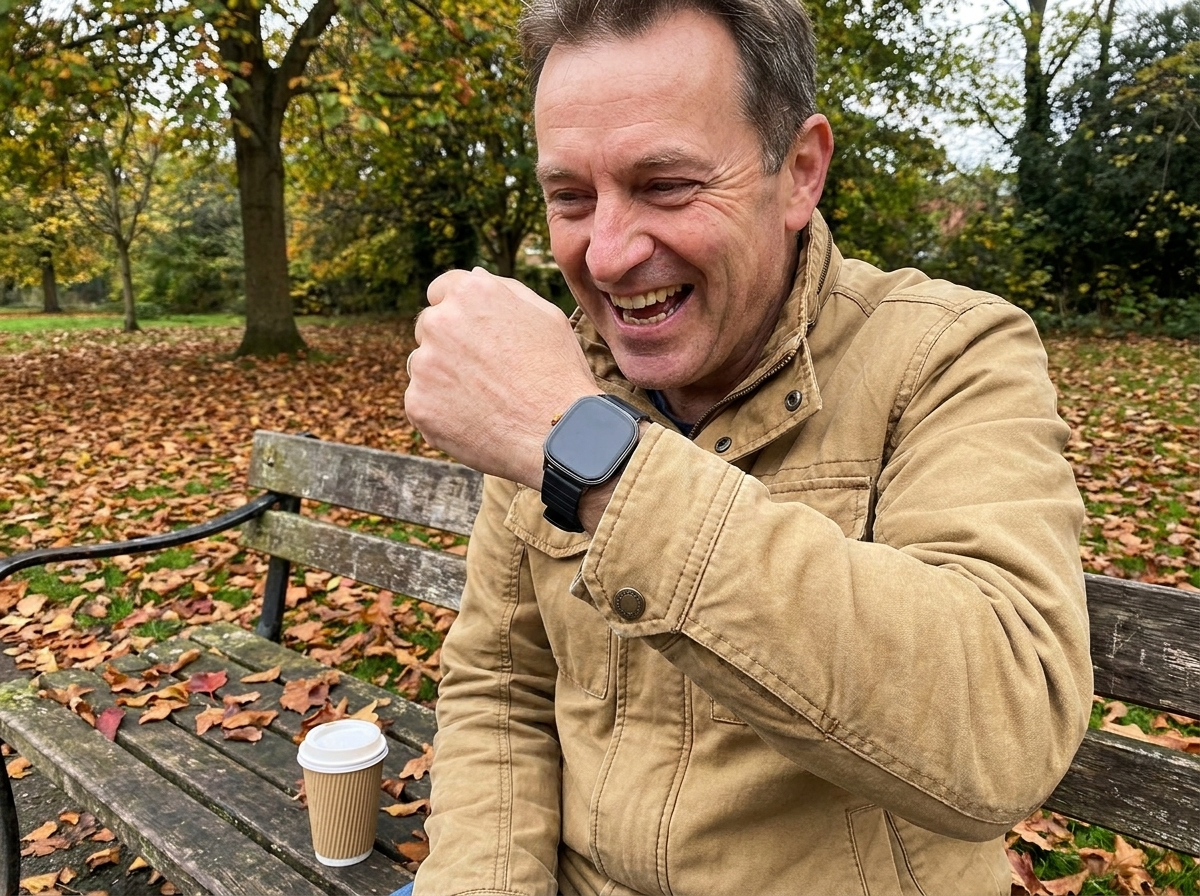 Syntra customer taking a call on his watch in the park