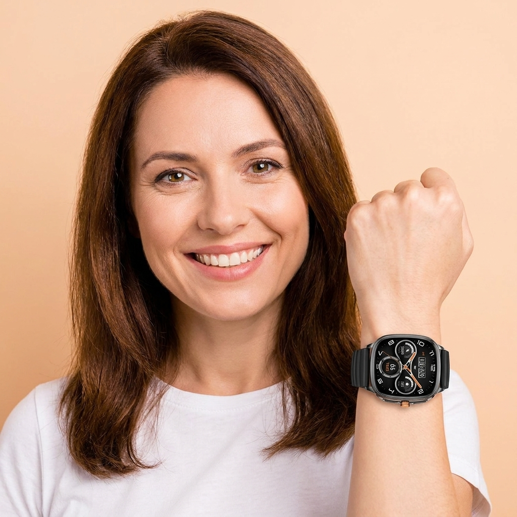 Smiling customer showing the REXQU Syntra on her wrist