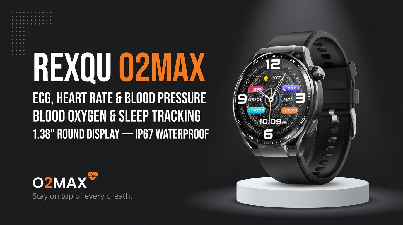 REXQU O2Max health smartwatch — ECG, blood oxygen, heart rate and blood pressure on a 1.38″ round display