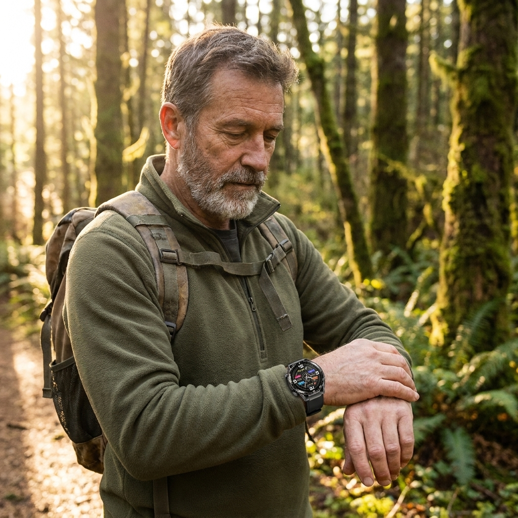 O2Max customer checking blood oxygen on a woodland walk