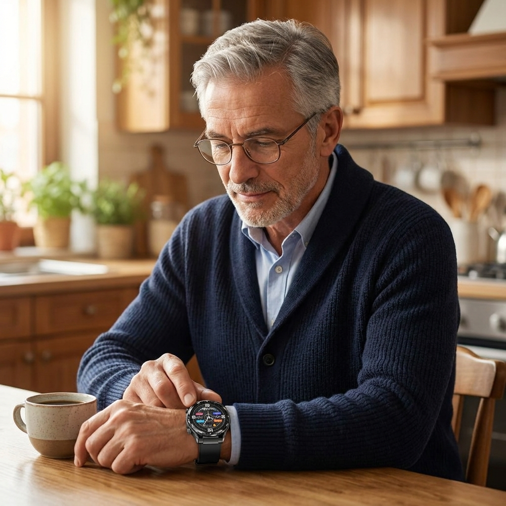 O2Max customer recording an ECG over morning coffee