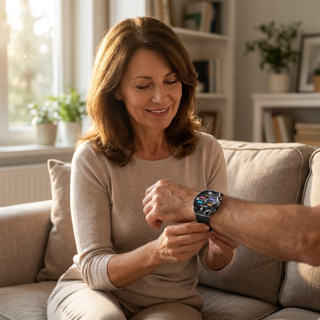 O2Max customer fastening the watch on her husband’s wrist