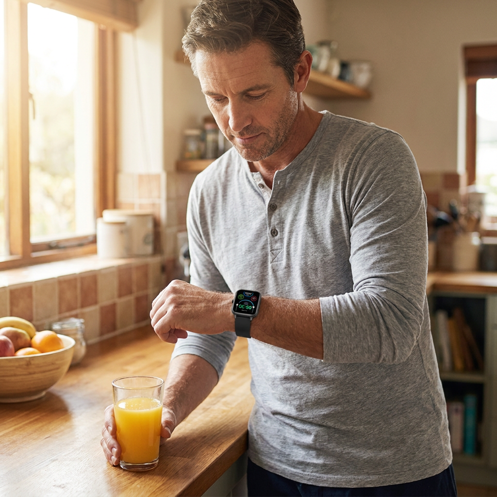 Man checking his blood pressure on the REXQU VitaSync at breakfast