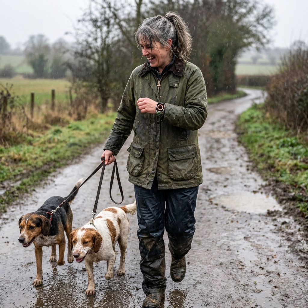 TrailGuard customer walking dogs in the rain