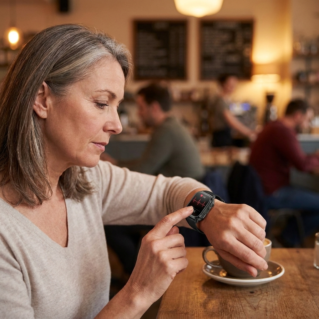 AetherX customer taking an ECG at a café