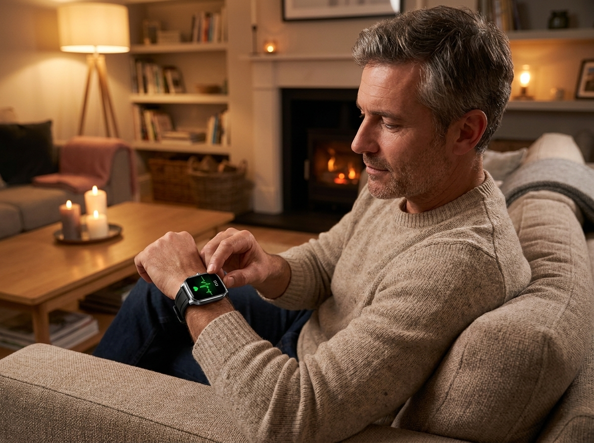 Man taking an ECG reading on the REXQU VitaCore smartwatch