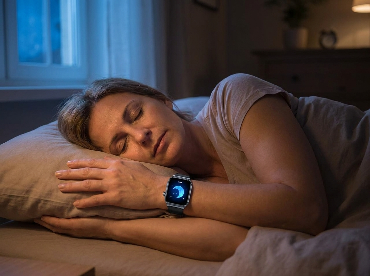 Woman sleeping while the REXQU VitaCore tracks her sleep stages