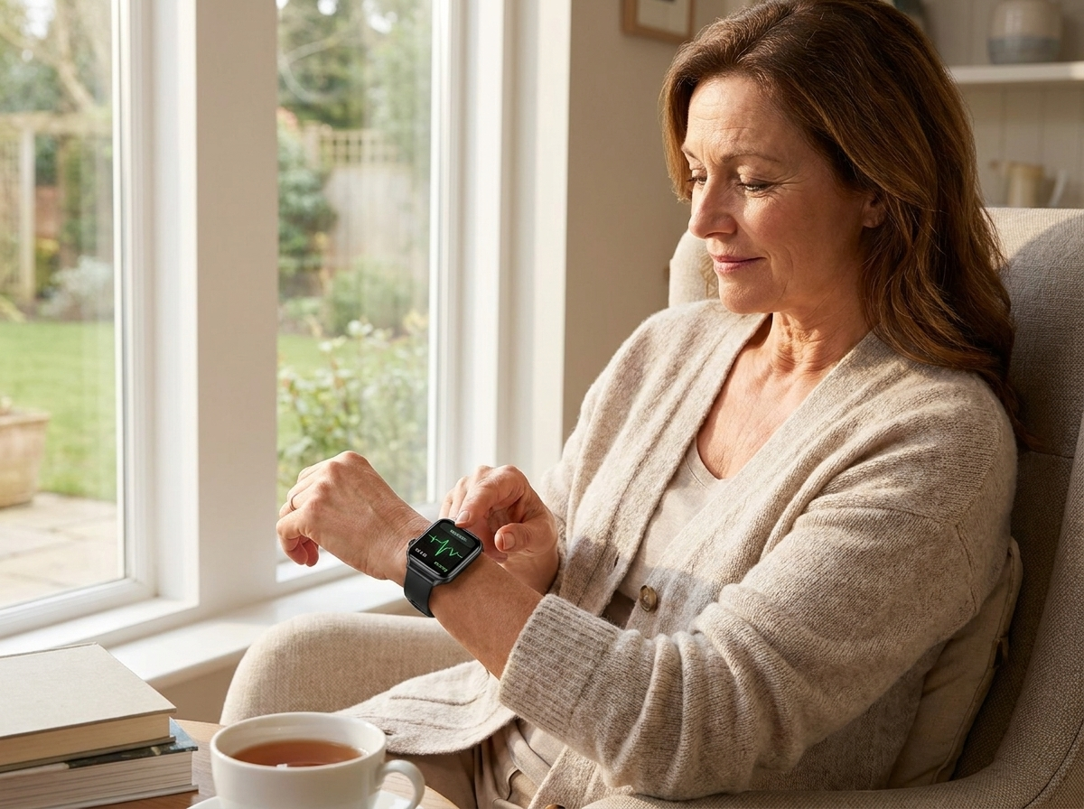 Woman taking an ECG reading on the REXQU BioVision smartwatch