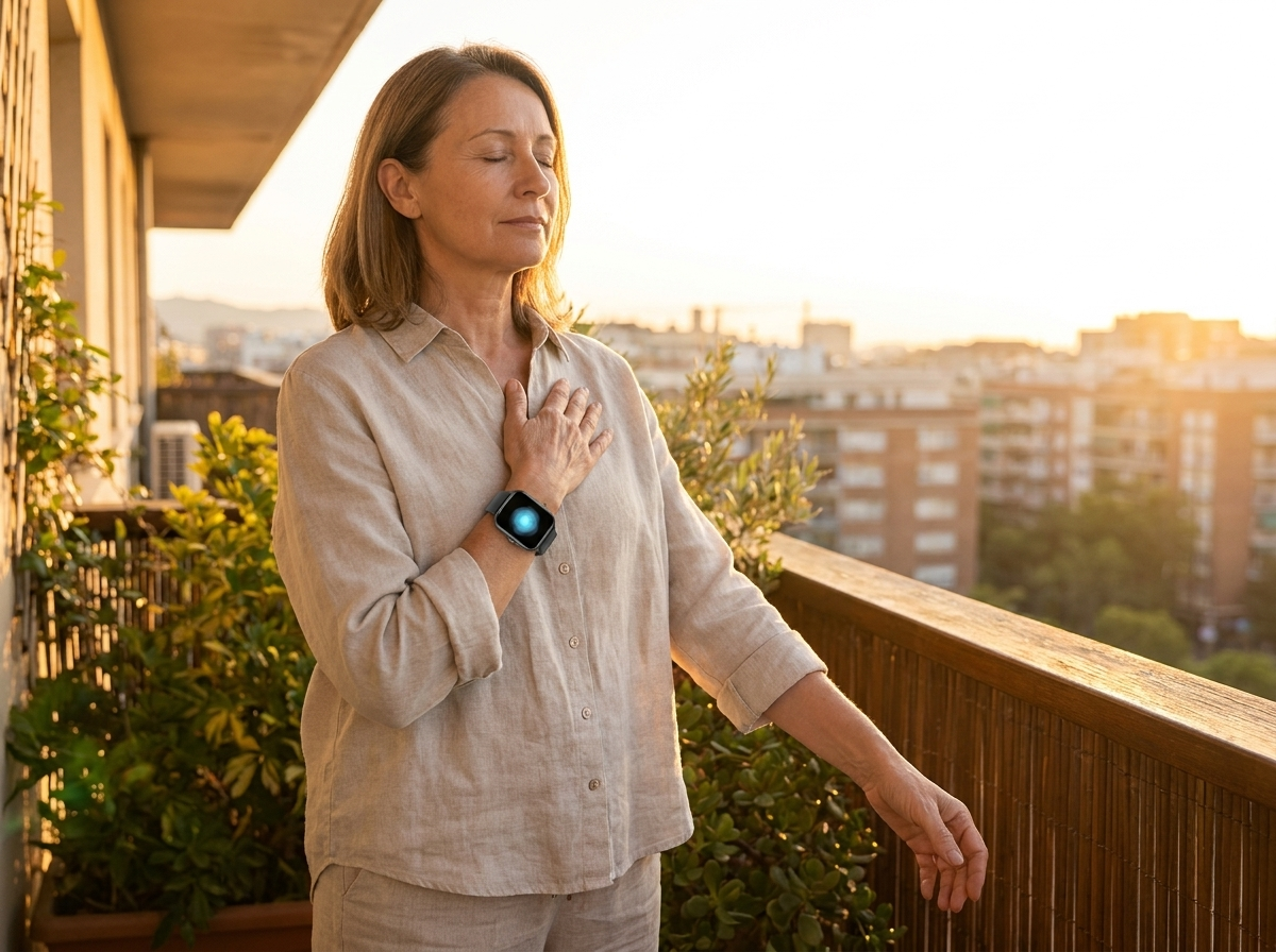 Woman doing a guided breathing exercise with the REXQU Nova