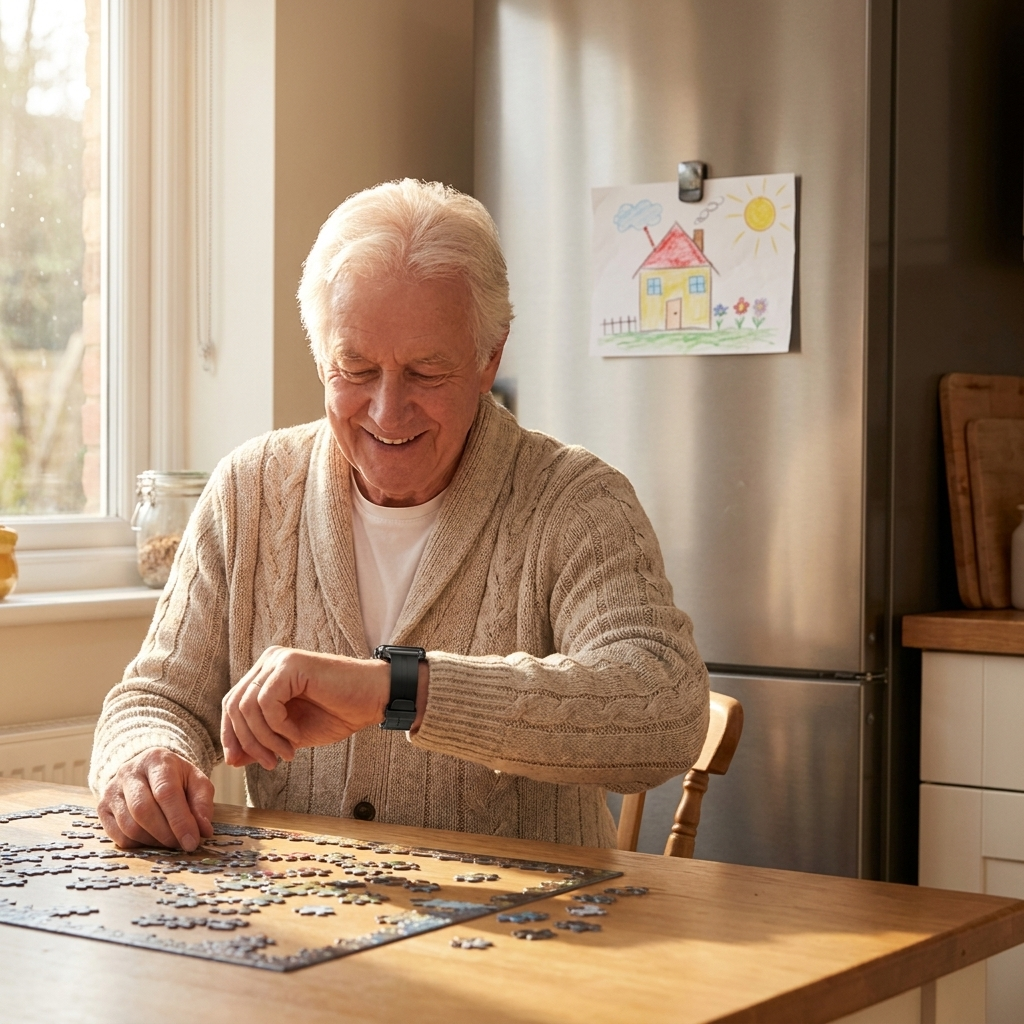 Man wearing the REXQU BioTrack Pro while doing a jigsaw