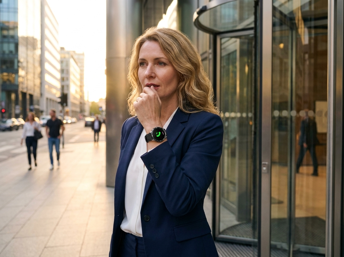 Woman taking a call on the REXQU Infinity Pro outside her office