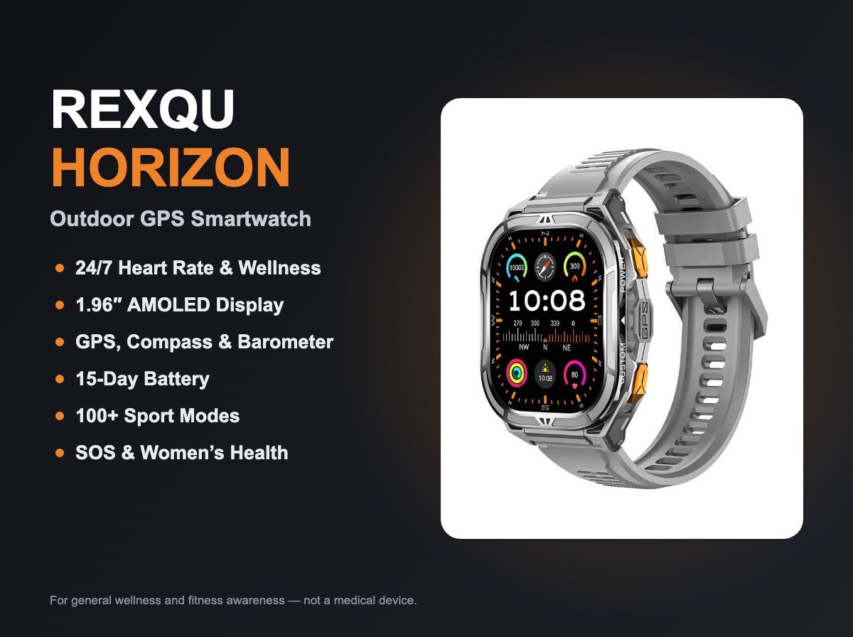 REXQU Horizon GPS smartwatch with large AMOLED display and compass