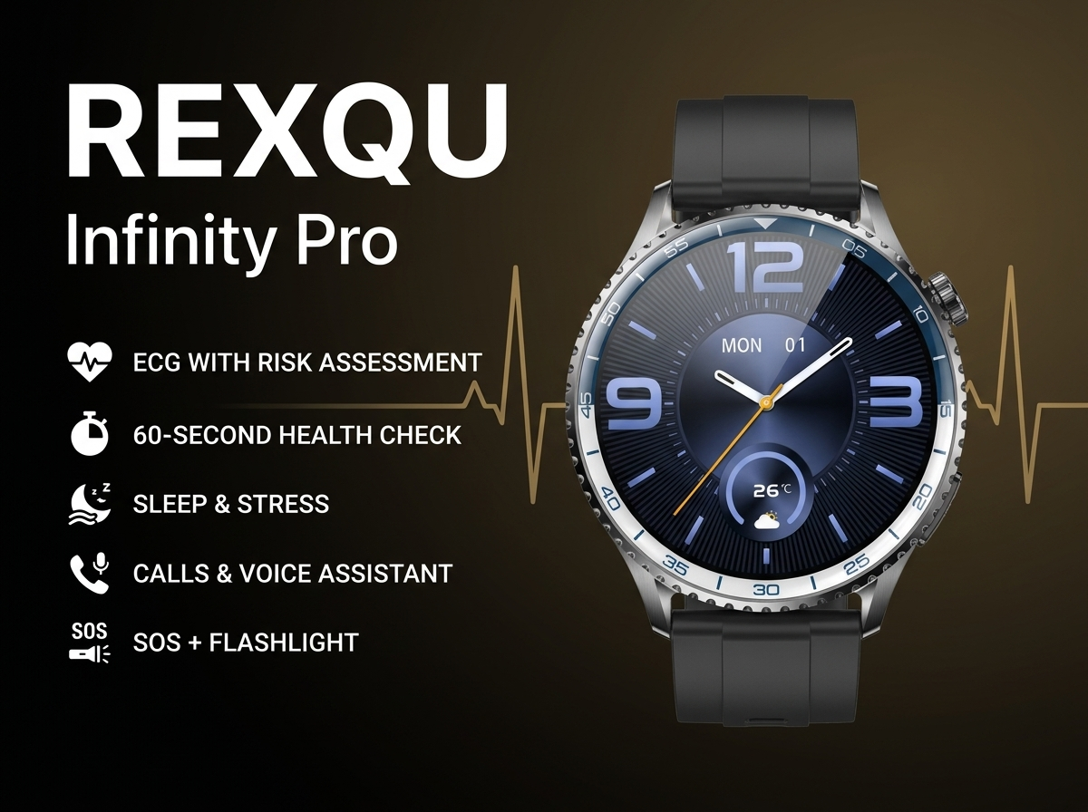 REXQU Infinity Pro round health smartwatch — ECG, blood pressure and 60-second health check