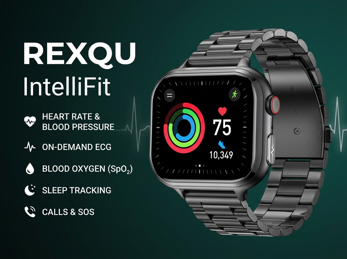 REXQU IntelliFit health smartwatch — ECG, heart rate, blood pressure and family care on a 1.91 inch HD display