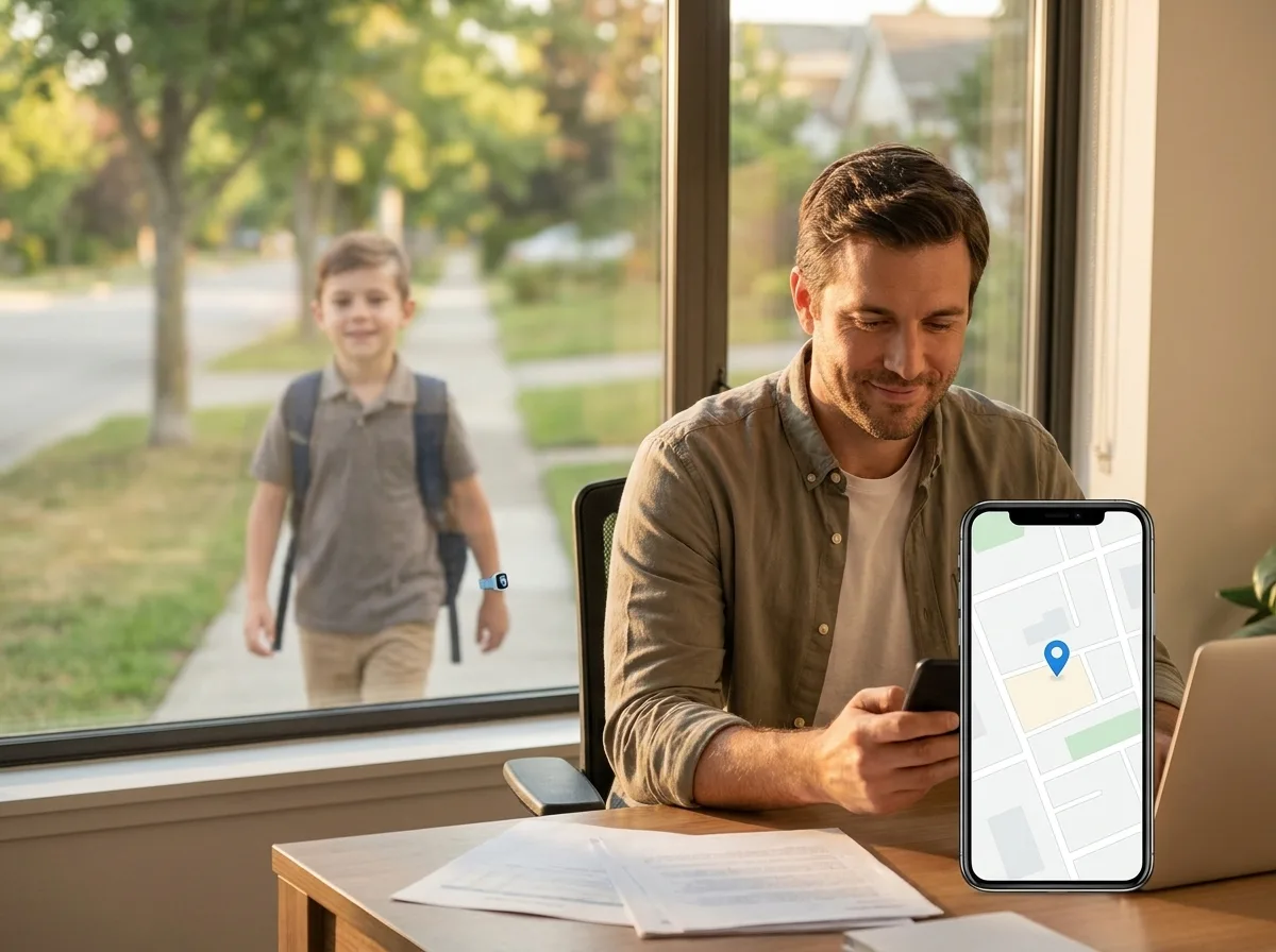 Father checking his phone map while his son walks home wearing the REXQU KidGuard Pro