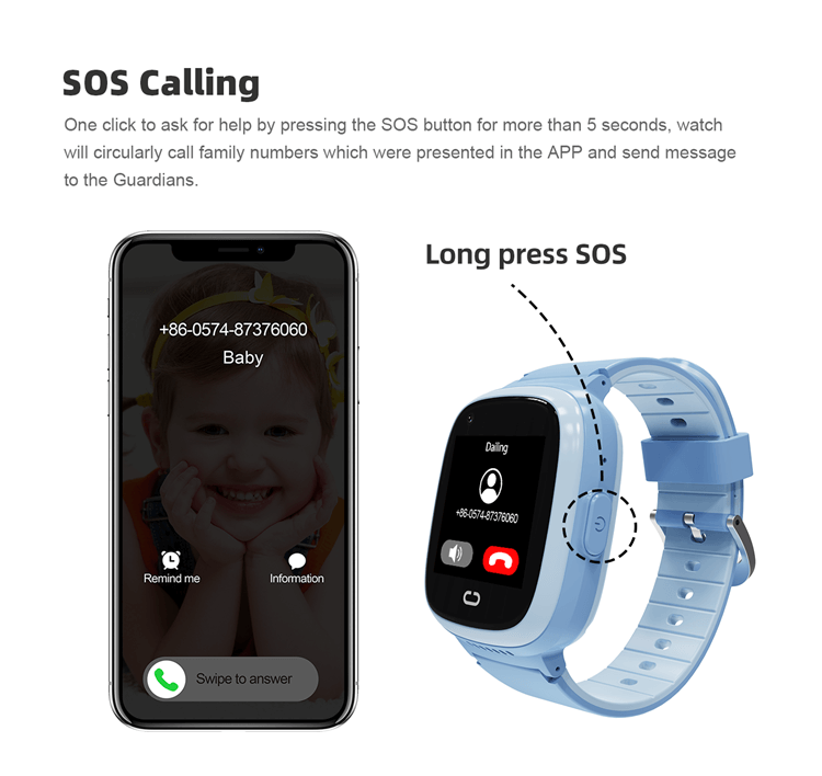 Long-press SOS emergency calling on the REXQU KidGuard Pro kids watch