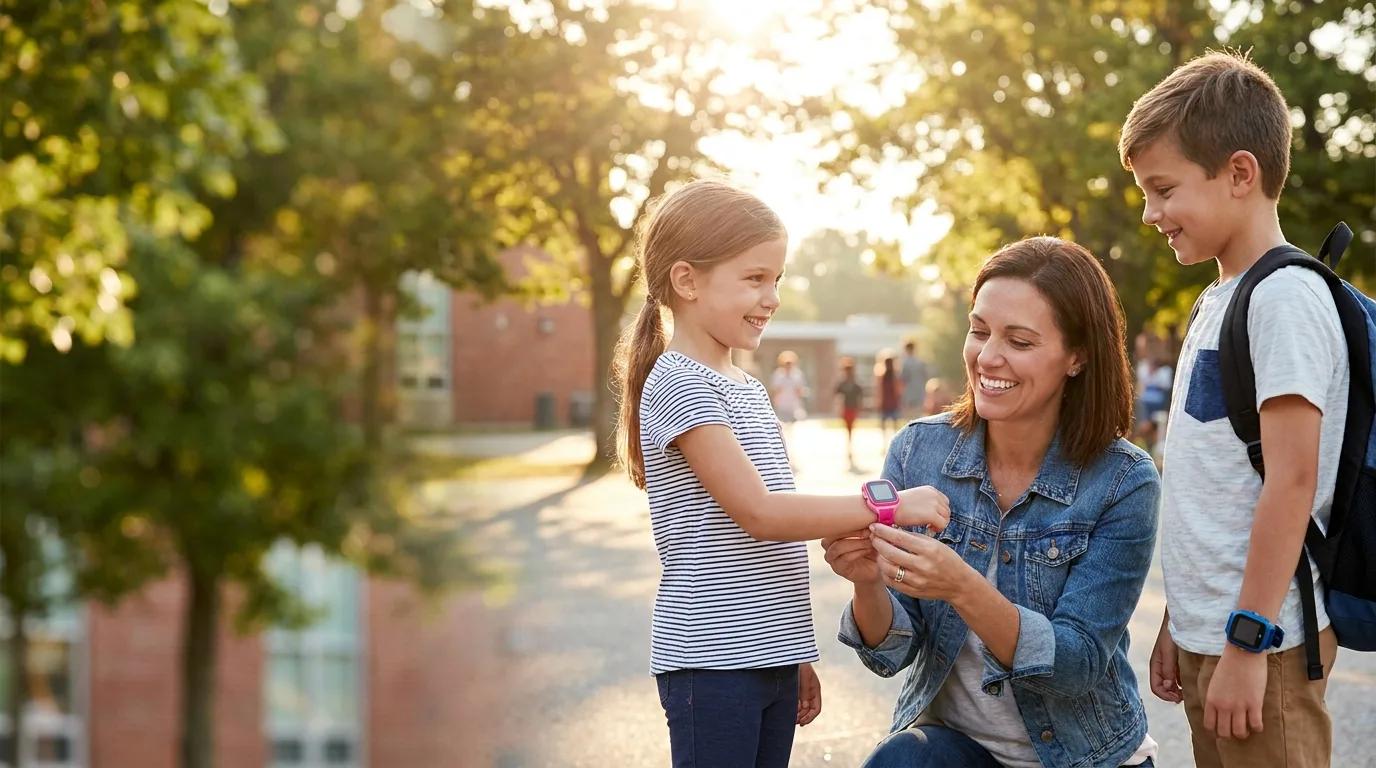 Mother fastening a REXQU kids smartwatch onto her daughter's wrist on a school morning